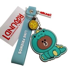 Line‎ Friends Jungle Brown Dino PVC Keychain Round 1 Exclusive Blue Wristlet Tag